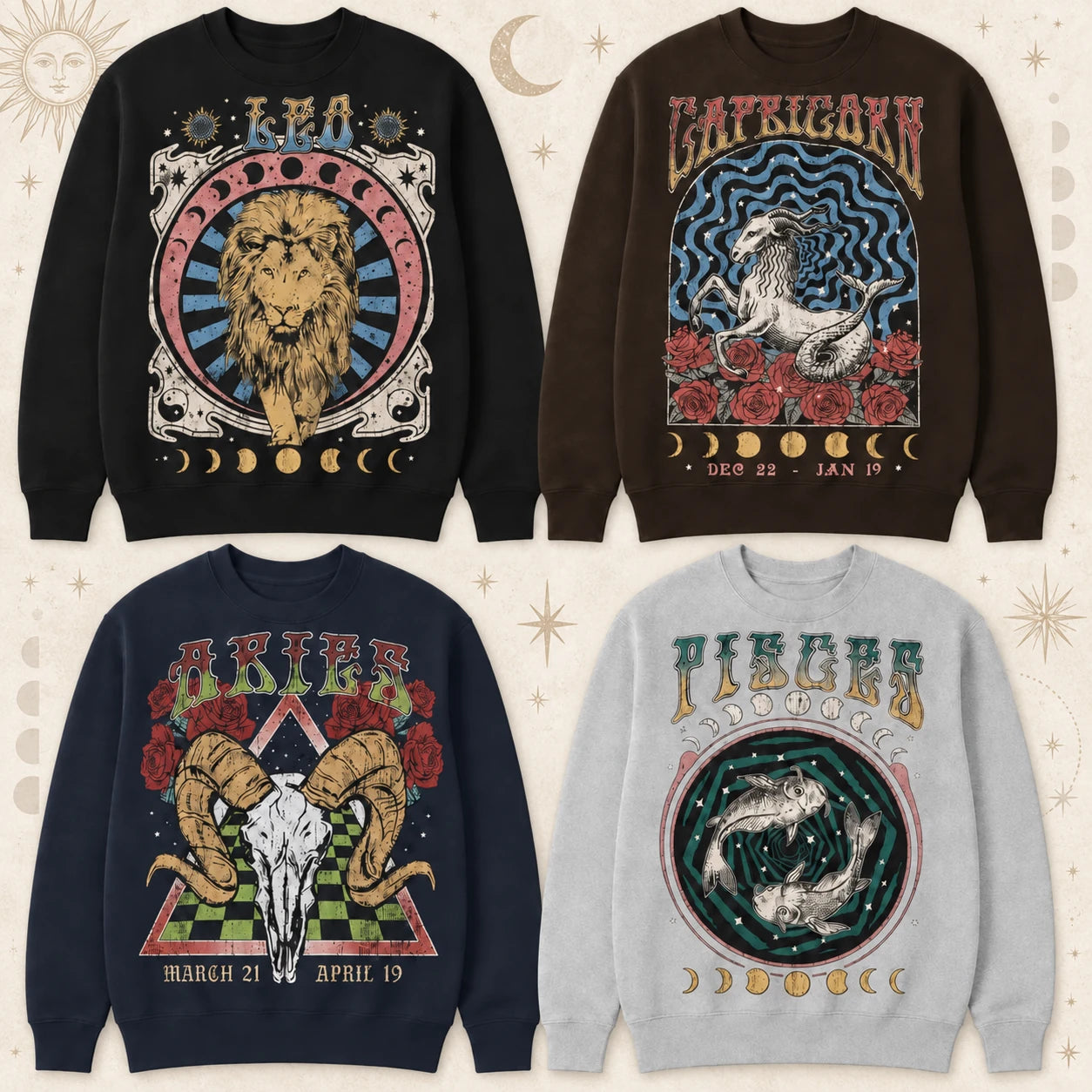 Personalized Zodiac Sweatshirt, Retro Celestial Horoscope Birthday Gift