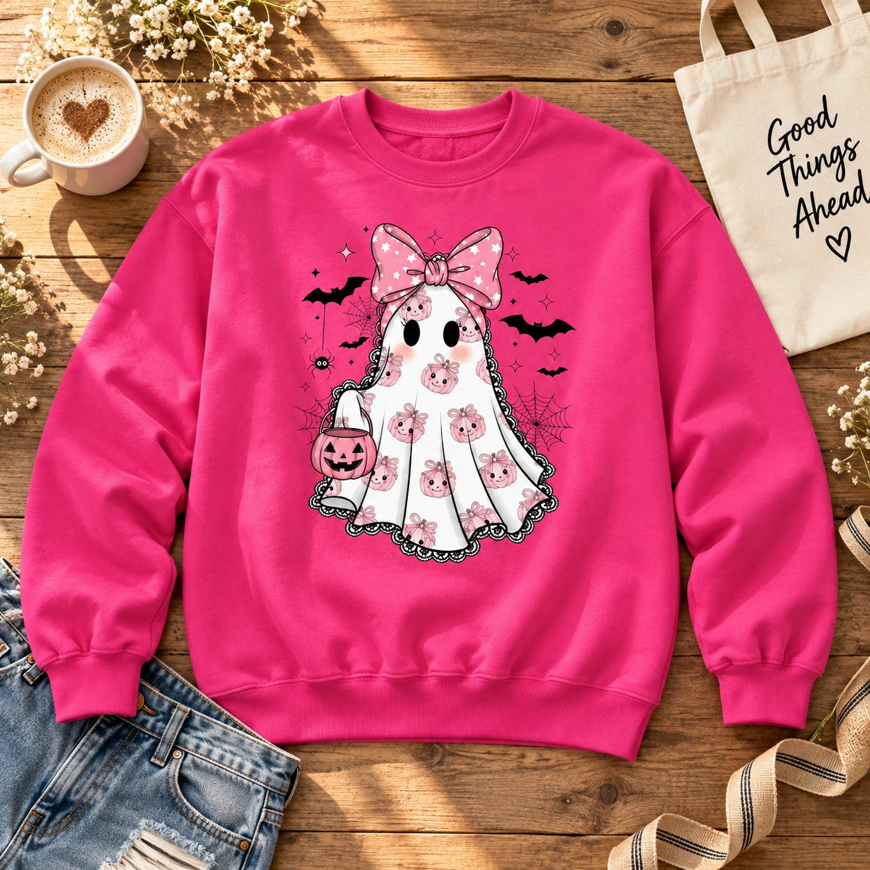 Pink Bow Ghost Halloween Sweatshirt Cute Coquette Spooky Season Pullover