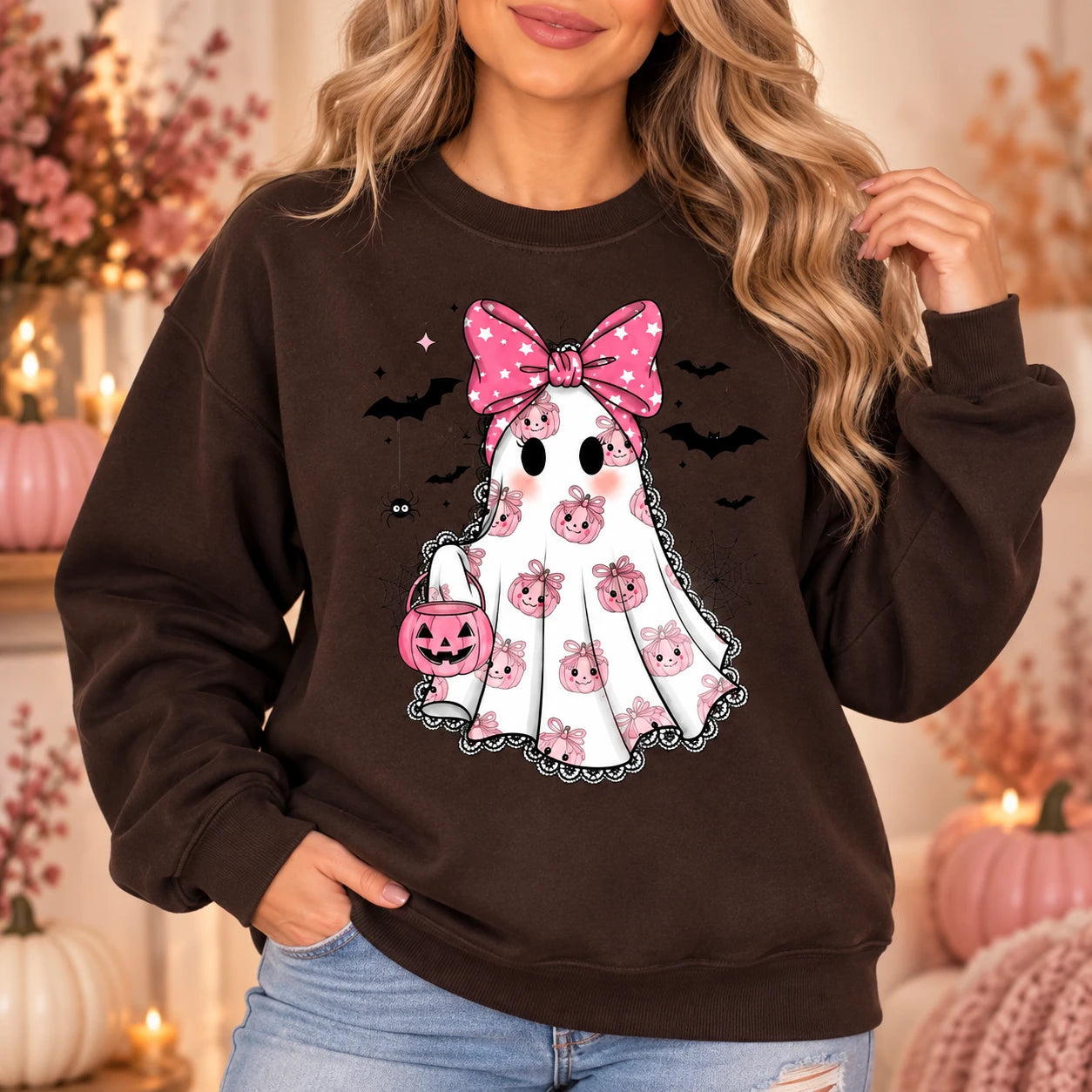 Pink Bow Ghost Halloween Sweatshirt Cute Coquette Spooky Season Pullover