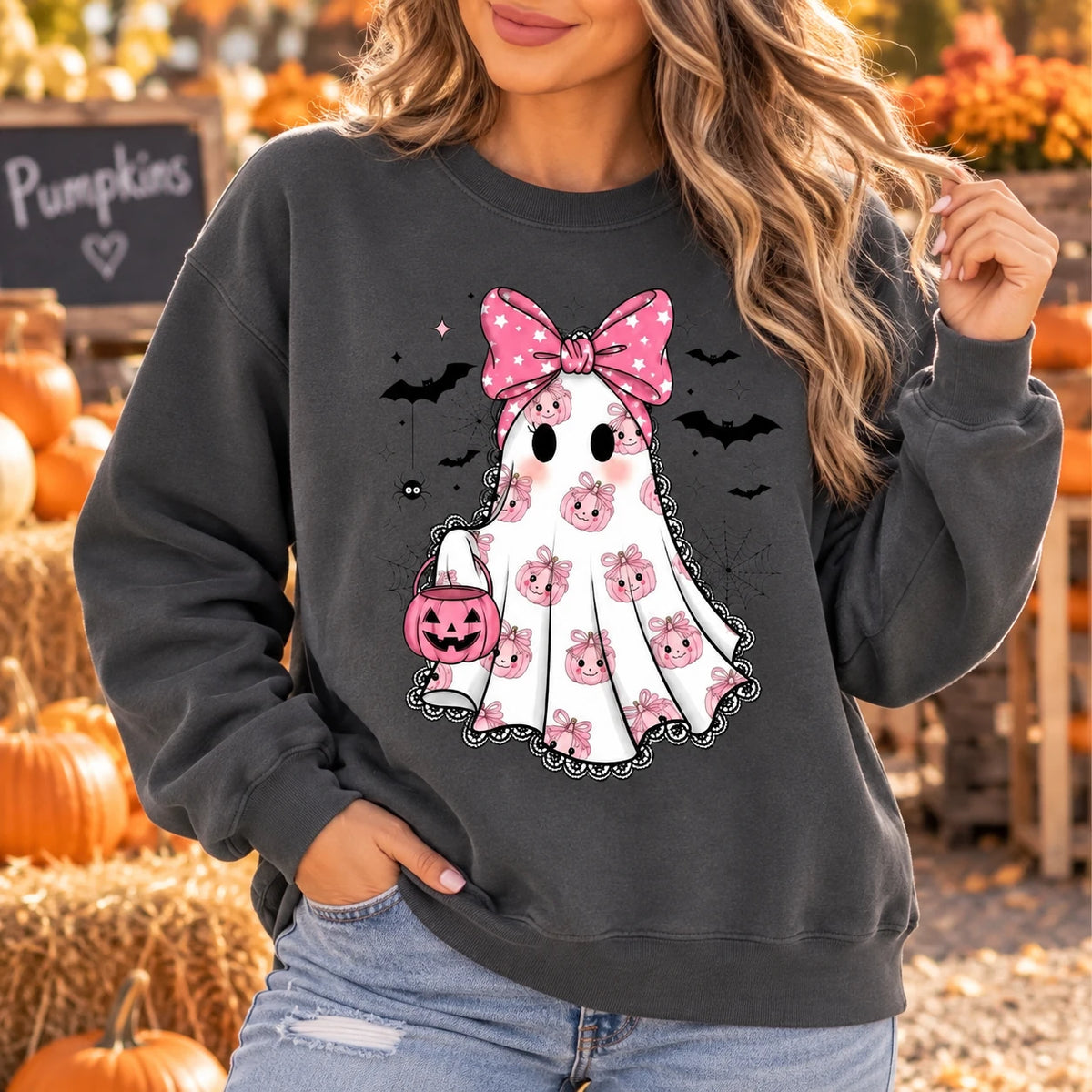 Pink Bow Ghost Halloween Sweatshirt Cute Coquette Spooky Season Pullover