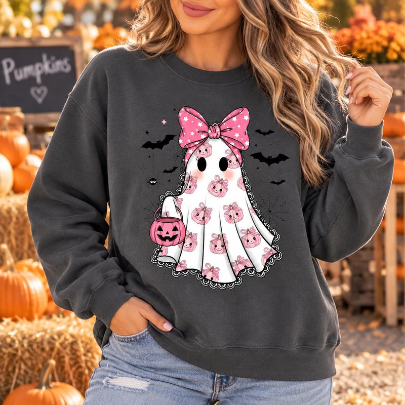 Pink Bow Ghost Halloween Sweatshirt Cute Coquette Spooky Season Pullover