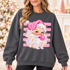 Pink Bubblegum Santa Sweatshirt, Cute Retro Coquette Christmas Design for Women
