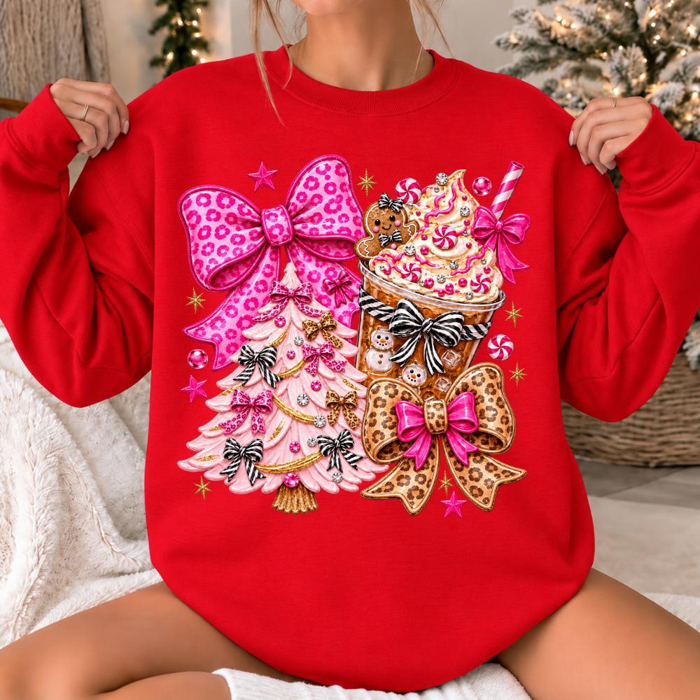 Pink Christmas Bow Gingerbread Cocoa Sweatshirt, Coquette Holiday Women Cute Y2K Design