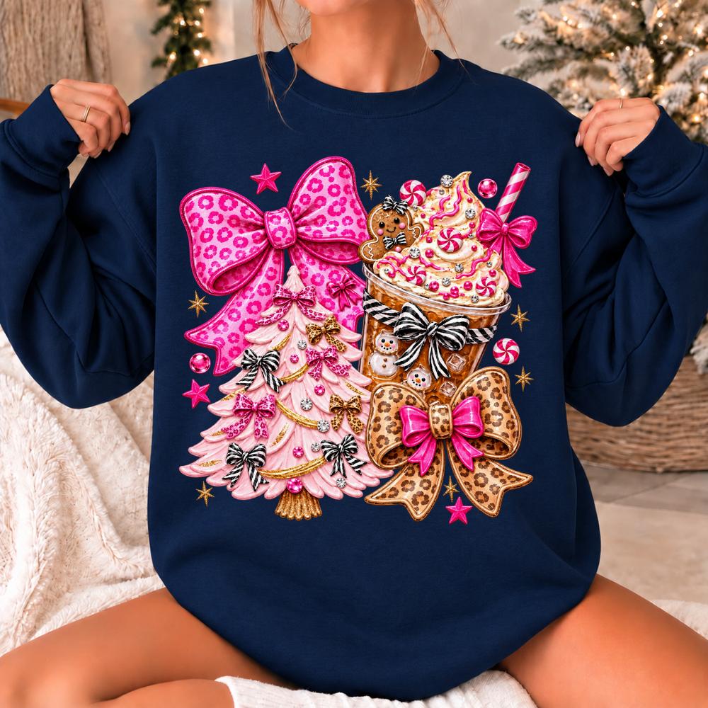 Pink Christmas Bow Gingerbread Cocoa Sweatshirt, Coquette Holiday Women Cute Y2K Design