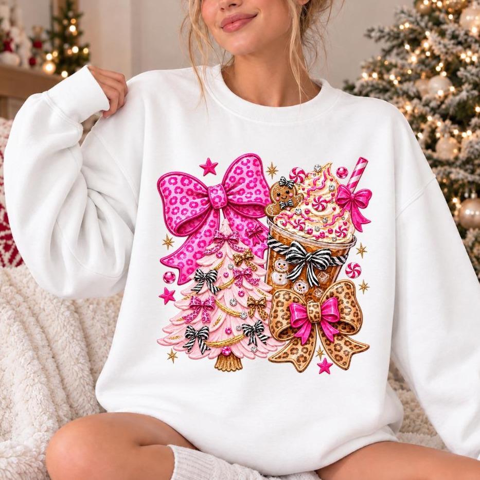 Pink Christmas Bow Gingerbread Cocoa Sweatshirt, Coquette Holiday Women Cute Y2K Design