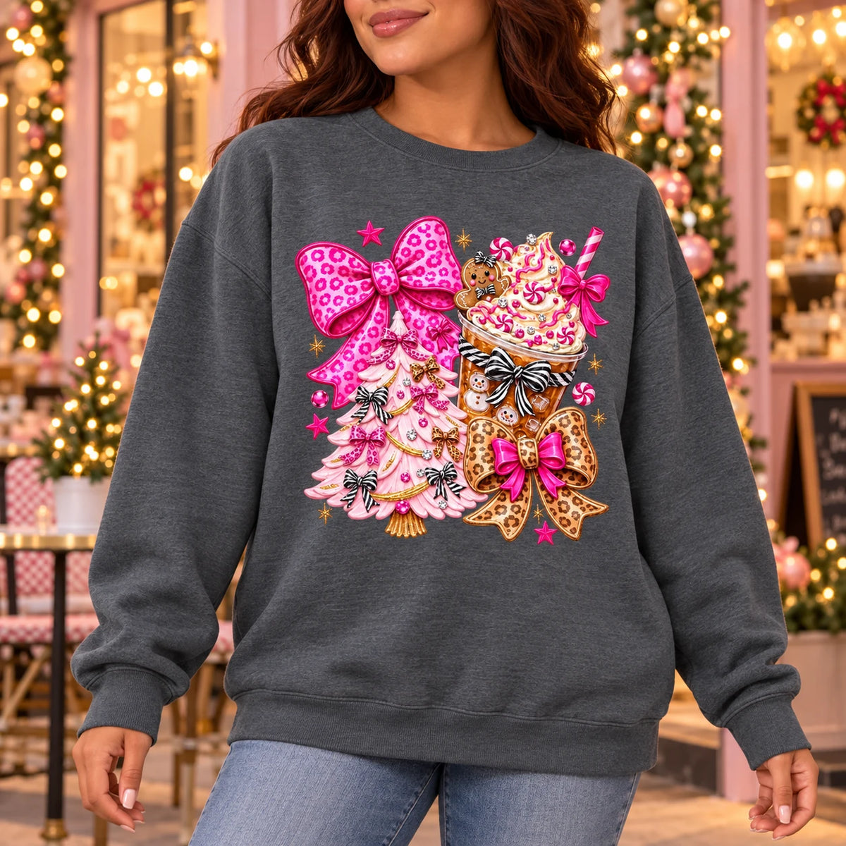 Pink Christmas Bow Sweatshirt with Gingerbread, Cocoa and Coquette Y2K Motifs