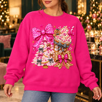 Pink Christmas Bow Sweatshirt with Gingerbread, Cocoa and Coquette Y2K Motifs