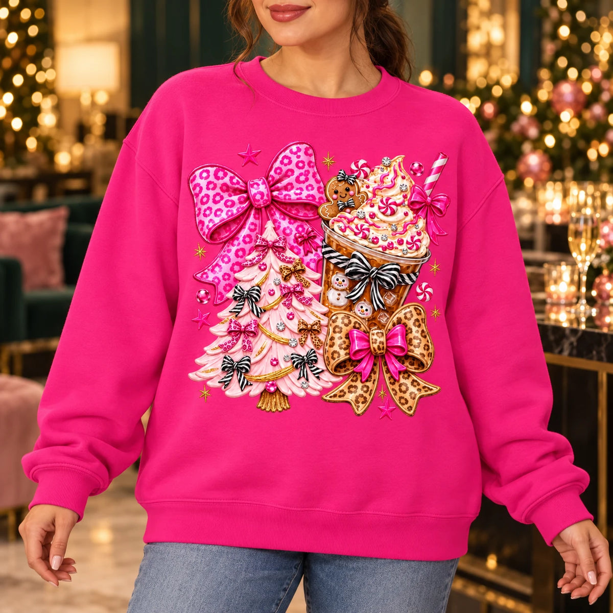Pink Christmas Bow Sweatshirt with Gingerbread, Cocoa and Coquette Y2K Motifs