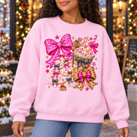 Pink Christmas Bow Sweatshirt with Gingerbread, Cocoa and Coquette Y2K Motifs