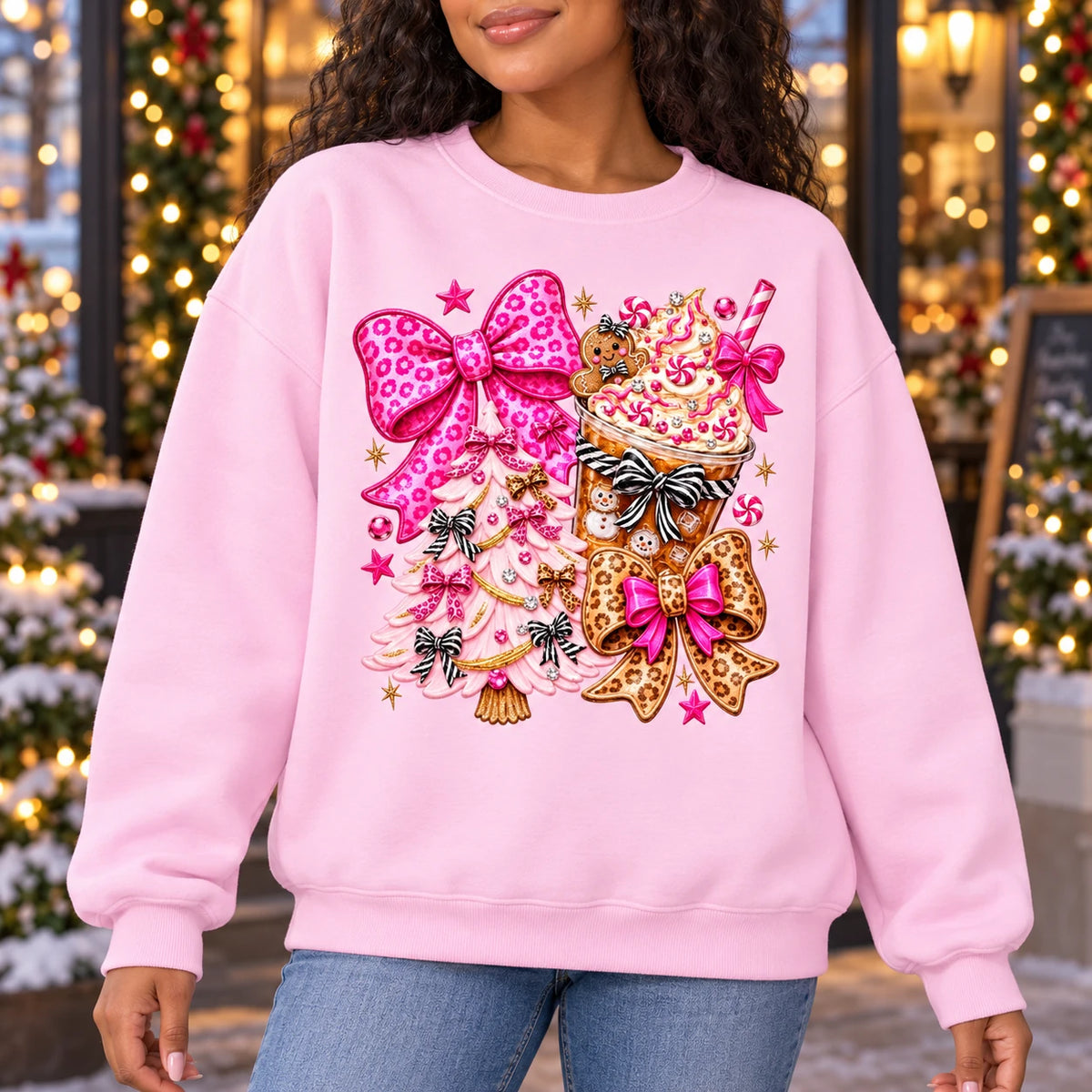 Pink Christmas Bow Sweatshirt with Gingerbread, Cocoa and Coquette Y2K Motifs