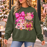 Pink Christmas Bow Sweatshirt with Gingerbread, Cocoa and Coquette Y2K Motifs