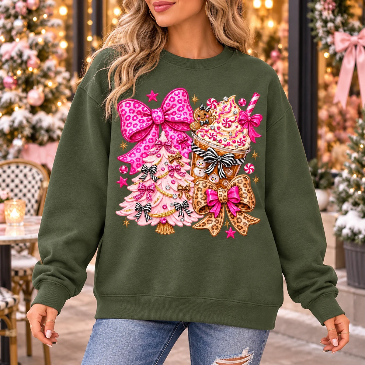 Pink Christmas Bow Sweatshirt with Gingerbread, Cocoa and Coquette Y2K Motifs