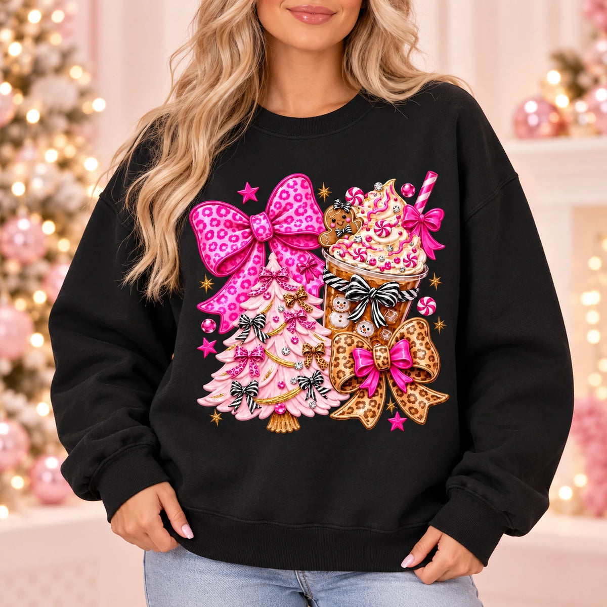 Pink Christmas Bow Sweatshirt with Gingerbread, Cocoa and Coquette Y2K Motifs