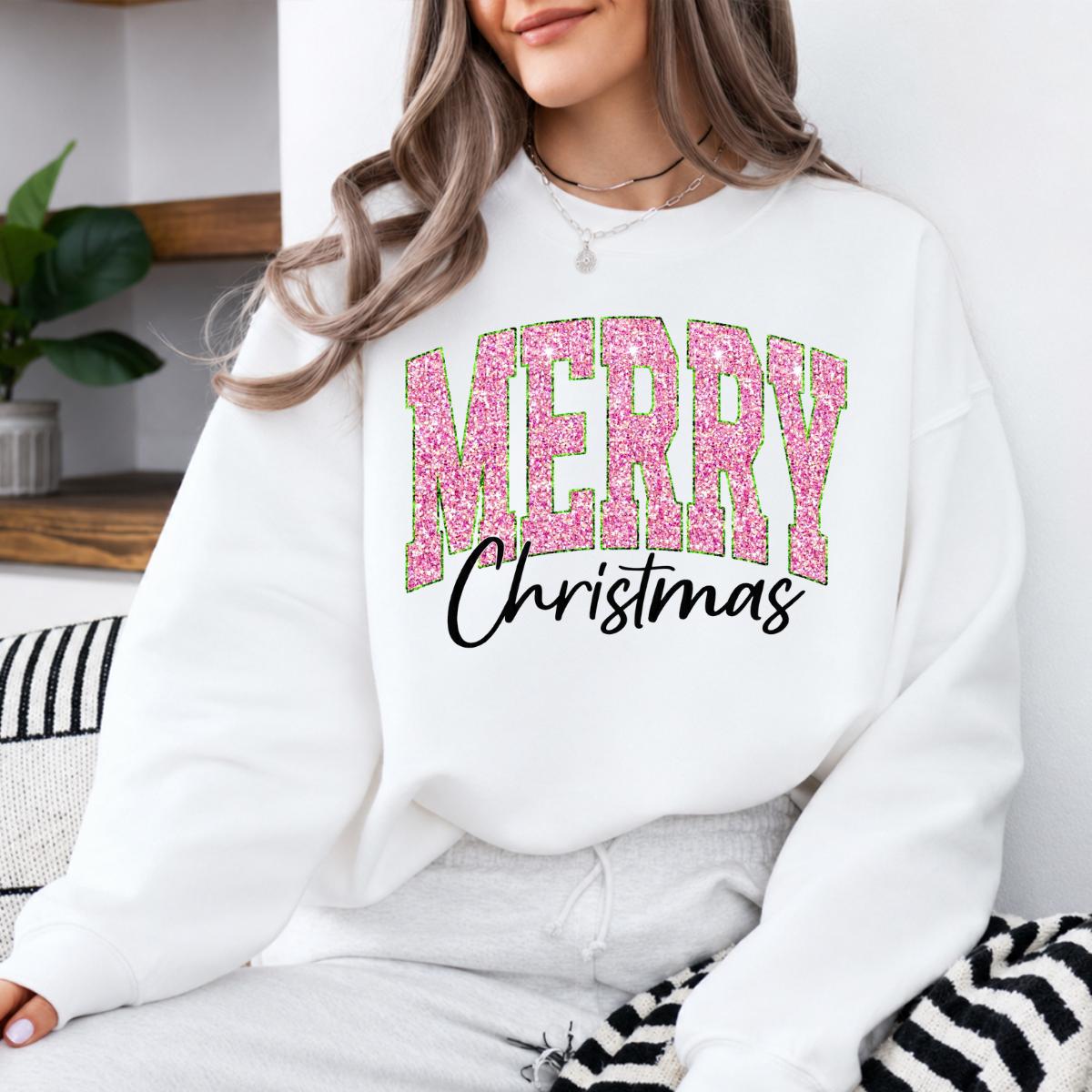 Pink Christmas Sweatshirt Merry Christmas Glitter Holiday Winter Women Cute Varsity