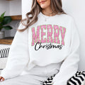 Pink Christmas Sweatshirt Merry Christmas Glitter Holiday Winter Women Cute Varsity