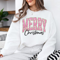 Pink Christmas Sweatshirt Merry Christmas Glitter Holiday Winter Women Cute Varsity