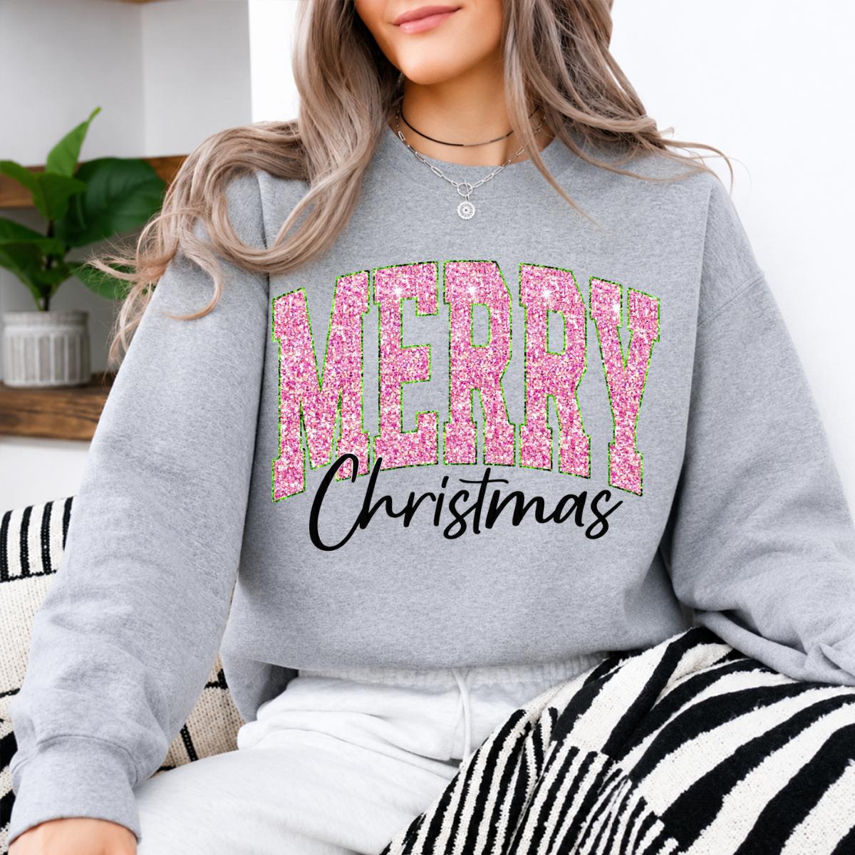 Pink Christmas Sweatshirt Merry Christmas Glitter Holiday Winter Women Cute Varsity
