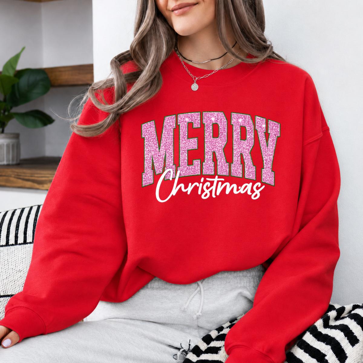 Pink Christmas Sweatshirt Merry Christmas Glitter Holiday Winter Women Cute Varsity
