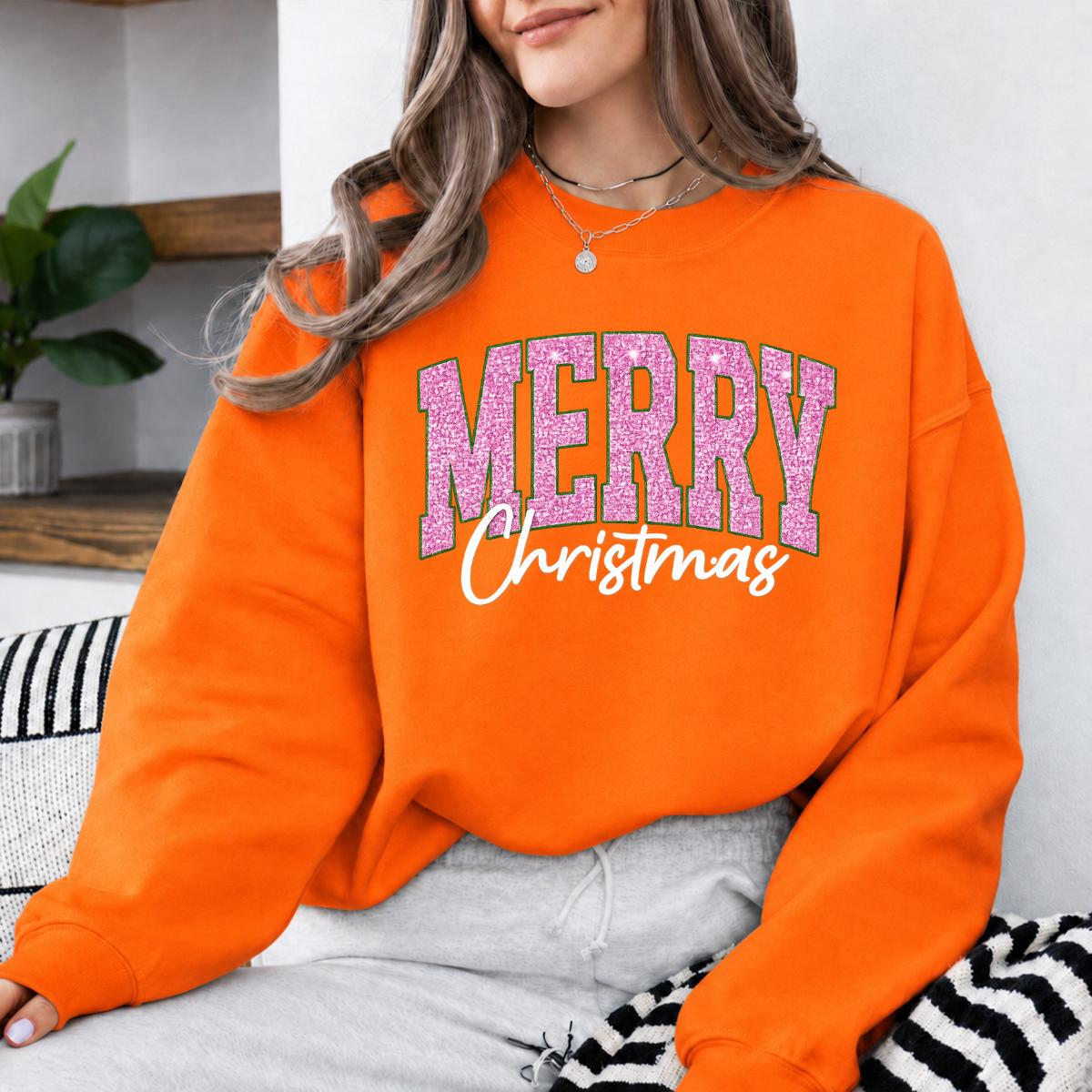 Pink Christmas Sweatshirt Merry Christmas Glitter Holiday Winter Women Cute Varsity