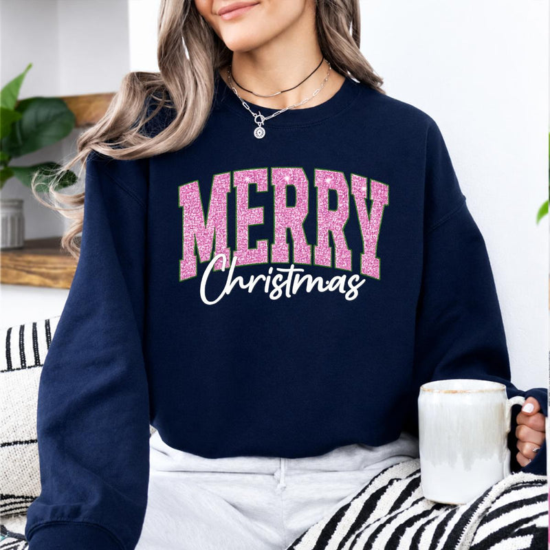 Pink Christmas Sweatshirt Merry Christmas Glitter Holiday Winter Women Cute Varsity