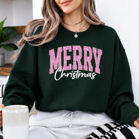 Pink Christmas Sweatshirt Merry Christmas Glitter Holiday Winter Women Cute Varsity