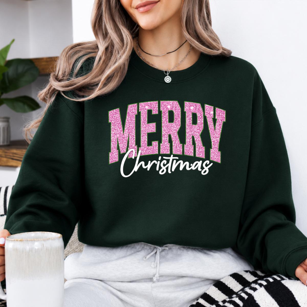 Pink Christmas Sweatshirt Merry Christmas Glitter Holiday Winter Women Cute Varsity