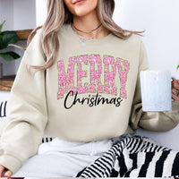 Pink Christmas Sweatshirt Merry Christmas Glitter Holiday Winter Women Cute Varsity