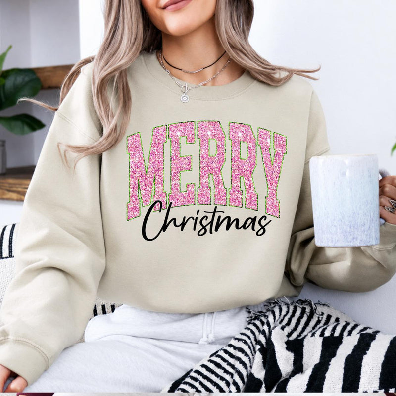 Pink Christmas Sweatshirt Merry Christmas Glitter Holiday Winter Women Cute Varsity