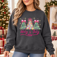 Pink Coquette Christmas Sweatshirt Holly Jolly Holiday Crewneck Watercolor Trees with Leopard Bows Preppy Winter Pullover