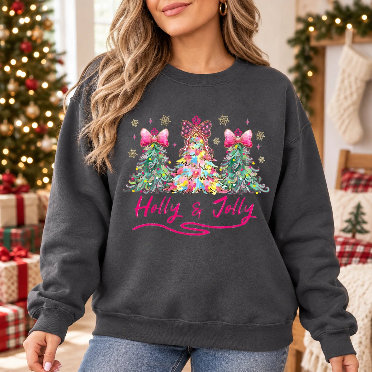 Pink Coquette Christmas Sweatshirt Holly Jolly Holiday Crewneck Watercolor Trees with Leopard Bows Preppy Winter Pullover