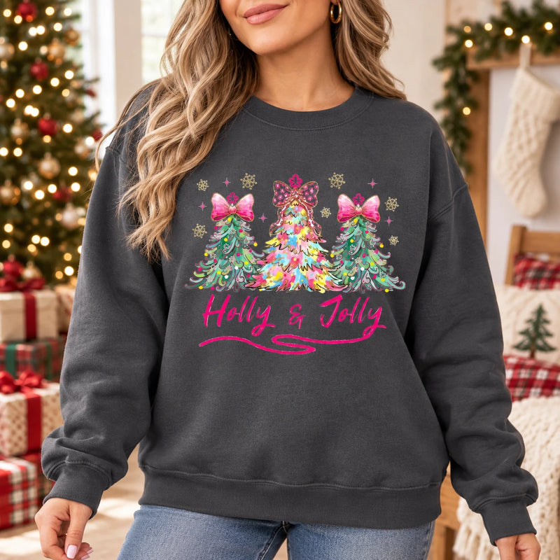 Pink Coquette Christmas Sweatshirt Holly Jolly Holiday Crewneck Watercolor Trees with Leopard Bows Preppy Winter Pullover