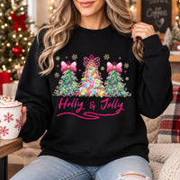 Pink Coquette Christmas Sweatshirt Holly Jolly Holiday Crewneck Watercolor Trees with Leopard Bows Preppy Winter Pullover