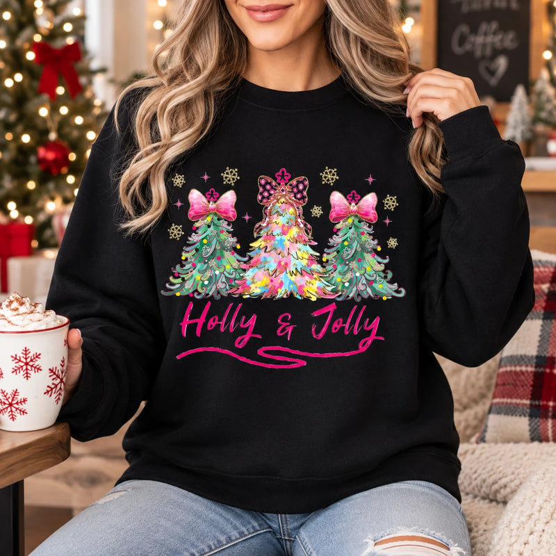 Pink Coquette Christmas Sweatshirt Holly Jolly Holiday Crewneck Watercolor Trees with Leopard Bows Preppy Winter Pullover