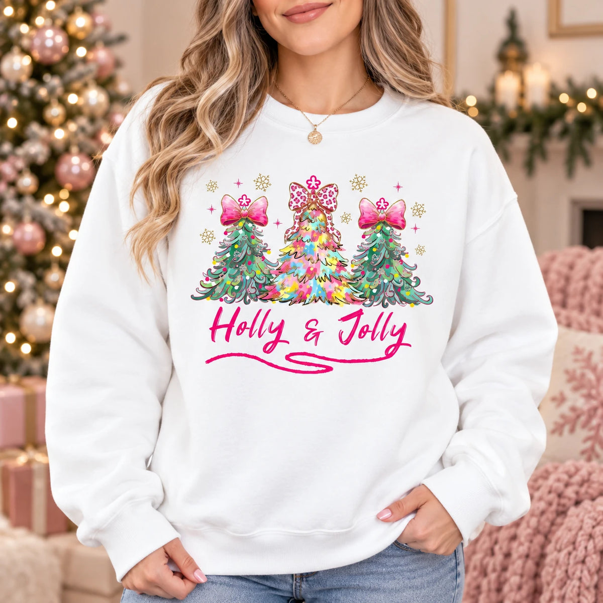 Pink Coquette Christmas Sweatshirt Holly Jolly Holiday Crewneck Watercolor Trees with Leopard Bows Preppy Winter Pullover