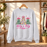 Pink Coquette Christmas Sweatshirt Holly Jolly Holiday Crewneck Watercolor Trees with Leopard Bows Preppy Winter Pullover