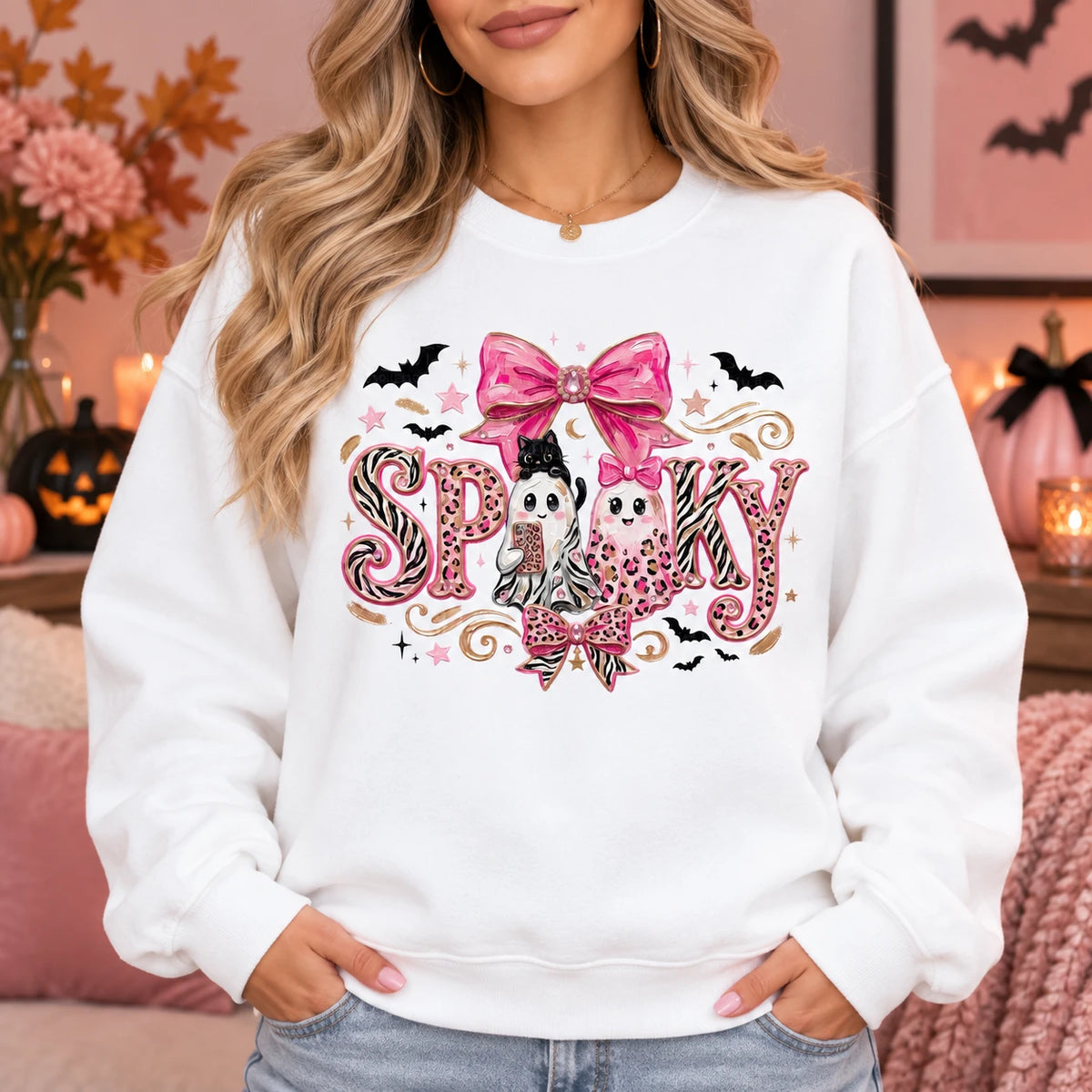 Pink Coquette Halloween Sweatshirt, Girly Fall Gift