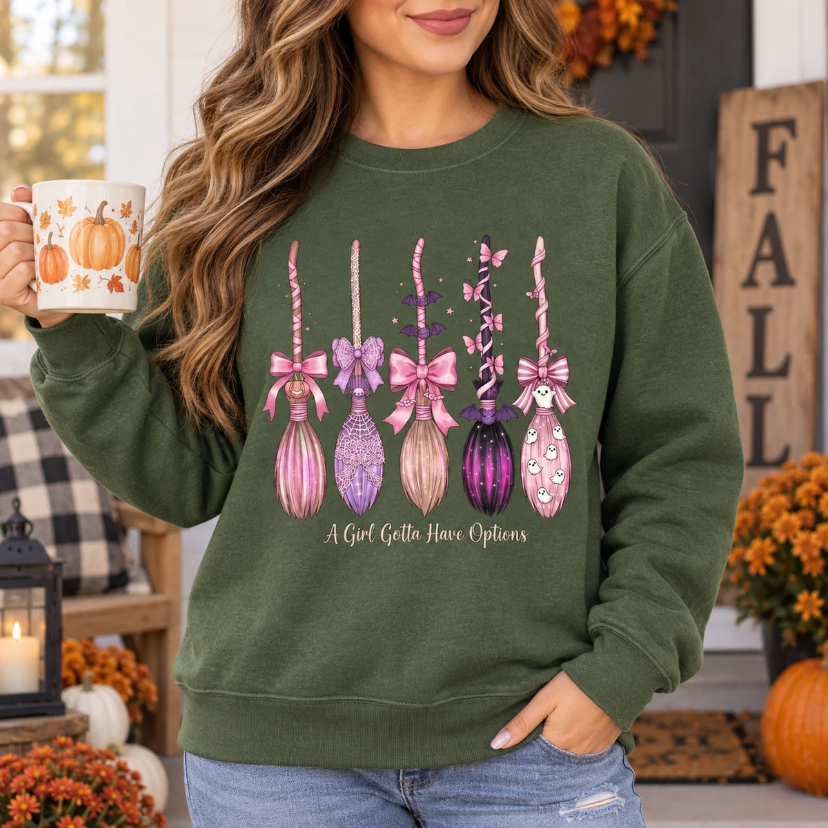 Pink Coquette Witch Brooms Graphic Pullover Spooky Season Fall Casual Sweatshirt for Women