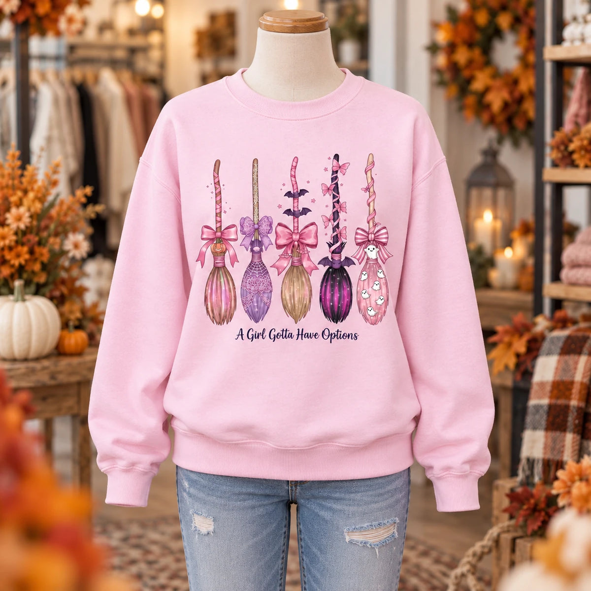 Pink Coquette Witch Brooms Graphic Pullover Spooky Season Fall Casual Sweatshirt for Women