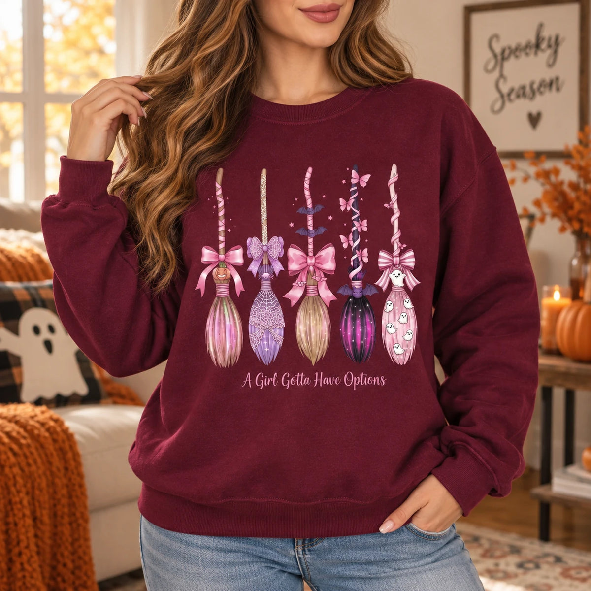 Pink Coquette Witch Brooms Graphic Pullover Spooky Season Fall Casual Sweatshirt for Women