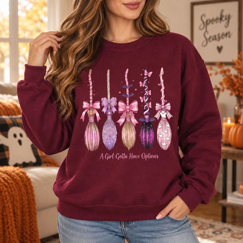 Pink Coquette Witch Brooms Graphic Pullover Spooky Season Fall Casual Sweatshirt for Women