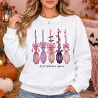 Pink Coquette Witch Brooms Graphic Pullover Spooky Season Fall Casual Sweatshirt for Women
