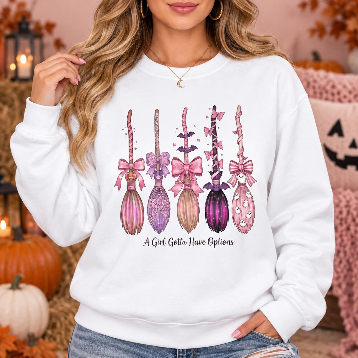 Pink Coquette Witch Brooms Graphic Pullover Spooky Season Fall Casual Sweatshirt for Women