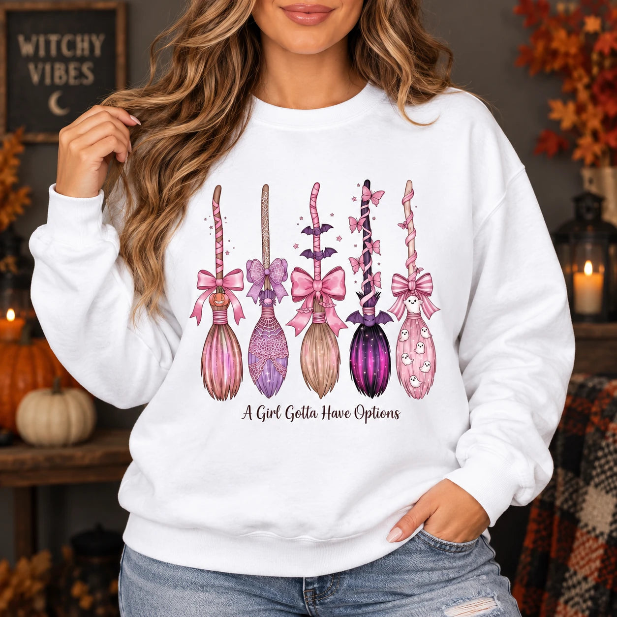 Pink Coquette Witch Brooms Graphic Pullover Spooky Season Fall Casual Sweatshirt for Women