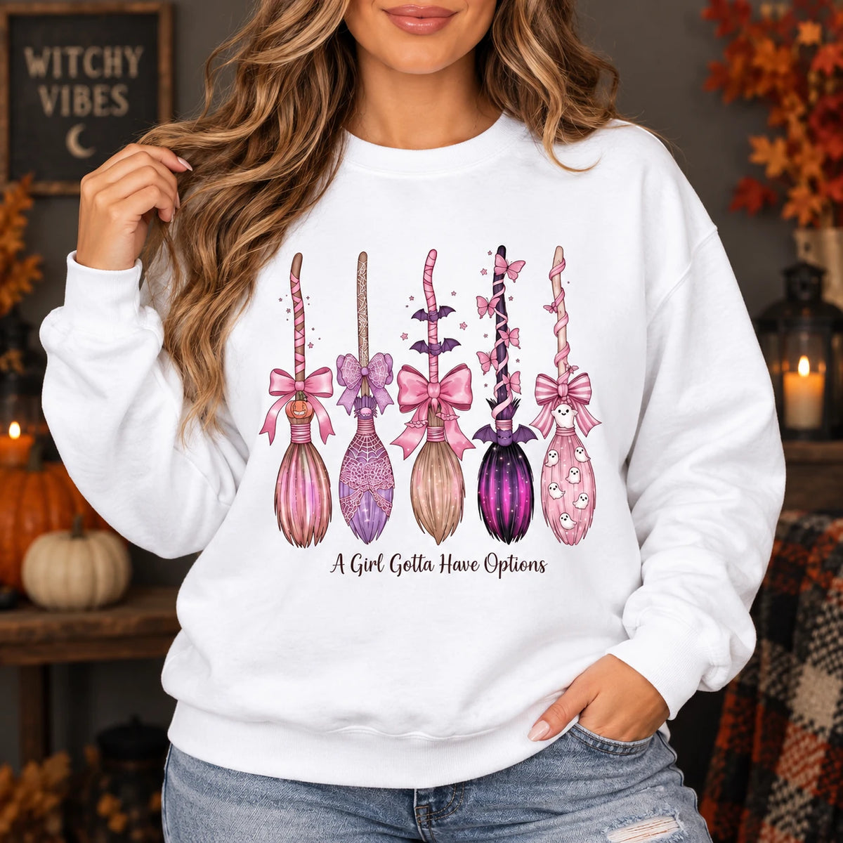 Pink Coquette Witch Brooms Graphic Pullover Spooky Season Fall Casual Sweatshirt for Women