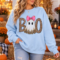 Pink Ghost Boo Halloween Sweatshirt & T-Shirt Cute Leopard Bow Spooky Season Fall Graphic Apparel