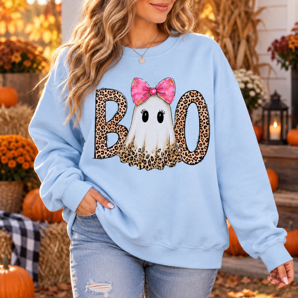 Pink Ghost Boo Halloween Sweatshirt & T-Shirt Cute Leopard Bow Spooky Season Fall Graphic Apparel