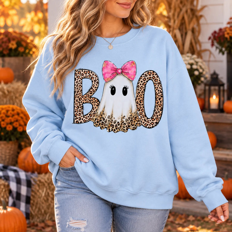 Pink Ghost Boo Halloween Sweatshirt & T-Shirt Cute Leopard Bow Spooky Season Fall Graphic Apparel