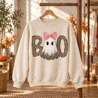 Pink Ghost Boo Halloween Sweatshirt & T-Shirt Cute Leopard Bow Spooky Season Fall Graphic Apparel