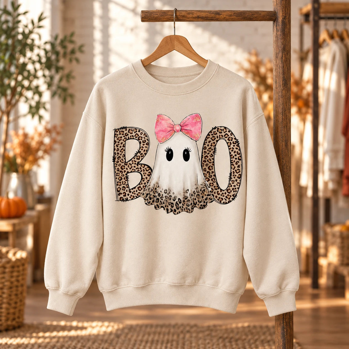 Pink Ghost Boo Halloween Sweatshirt & T-Shirt Cute Leopard Bow Spooky Season Fall Graphic Apparel