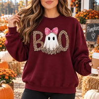 Pink Ghost Boo Halloween Sweatshirt & T-Shirt Cute Leopard Bow Spooky Season Fall Graphic Apparel